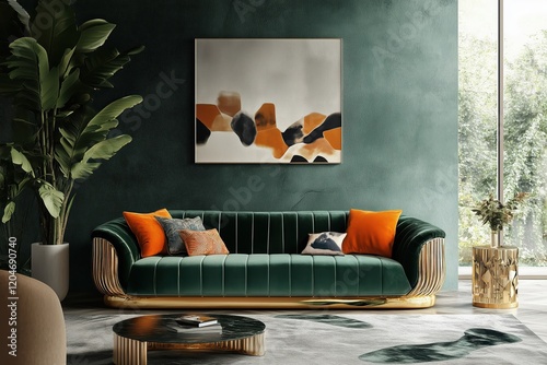 Modern living room interior design featuring green velvet sofa with golden frame, abstract art painting, large potted plant