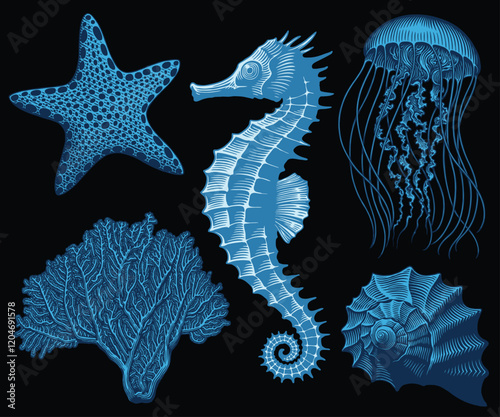 Sea creatures. Design set. Editable hand drawn illustration. Vector vintage engraving. Isolated on black background. 8 EPS