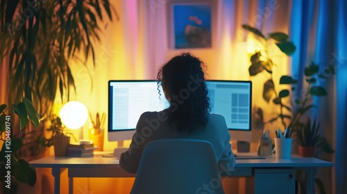 Woman working at desk with two computer monitors in well-lit home office surrounded by indoor plants