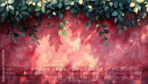 Watercolor Illustration of Green Leaves Against Pink Brick Wall Spring Botanical Decoration Frame