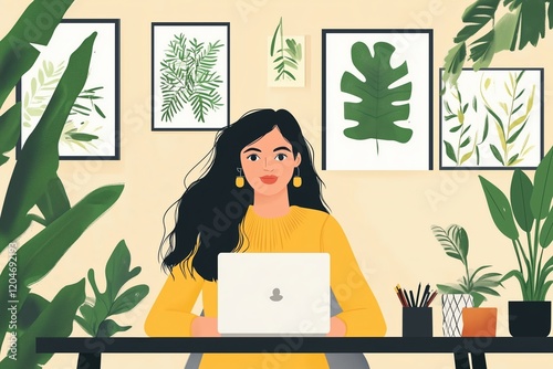 Illustrated woman working on laptop in home office surrounded by plants and leaf artwork