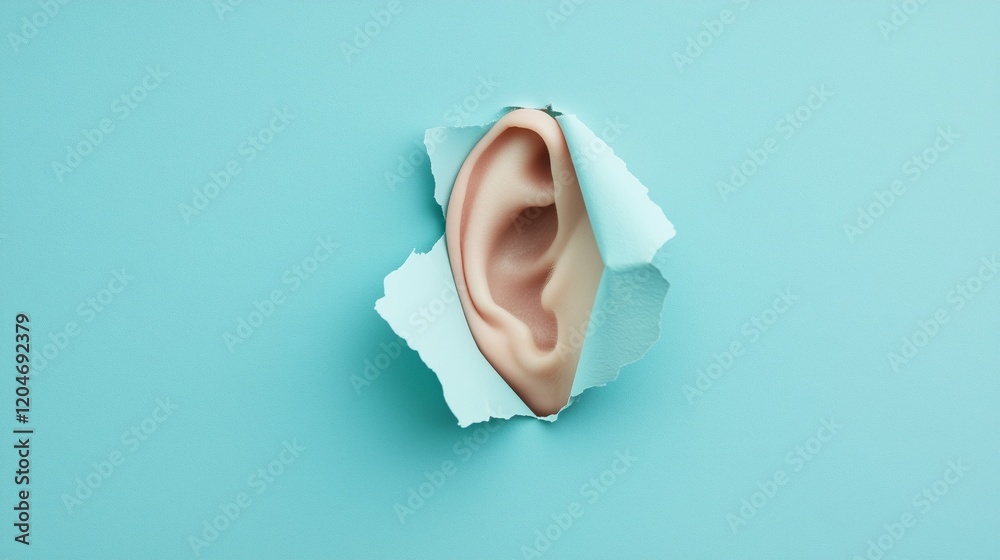 Surreal Ear Creation Emerging from Torn Paper on Blue Surface Surreal Ear Creation Emerging from Torn Paper on Blue Surface