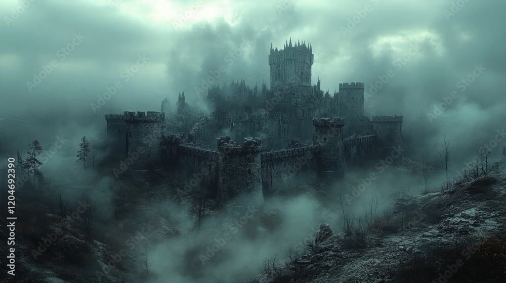 Dark Fantasy Castle in Misty Landscape with Gothic Architecture and Dramatic Lighting Dark Fantasy Castle in Misty Landscape with Gothic Architecture and Dramatic Lighting