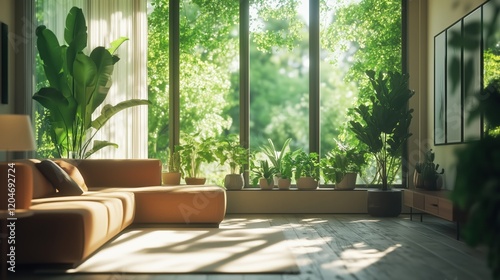 Modern living room with large windows and various indoor plants in natural sunlight