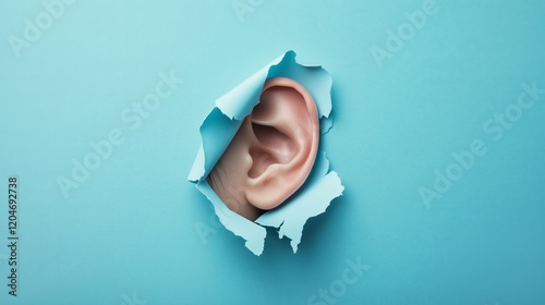 Ear Emerging from Torn Paper on a Bright Blue Background