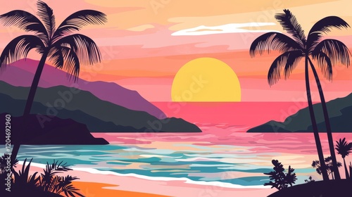 Serene Tropical Sunset with Palm Trees and Calm Waters Reflecting Vibrant Colors in a Scenic Landscape