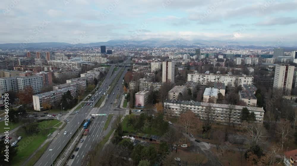 4K Aerial cinematic video - city of Zagreb, capital of Croatia, a view of the famous Marin Držić Avenue passing between the residential neighborhoods of Savica, Trnje, Pešćenica and Borovje 4K Aerial cinematic video - city of Zagreb, capital of Croatia, a view of the famous Marin Držić Avenue passing between the residential neighborhoods of Savica, Trnje, Pešćenica and Borovje