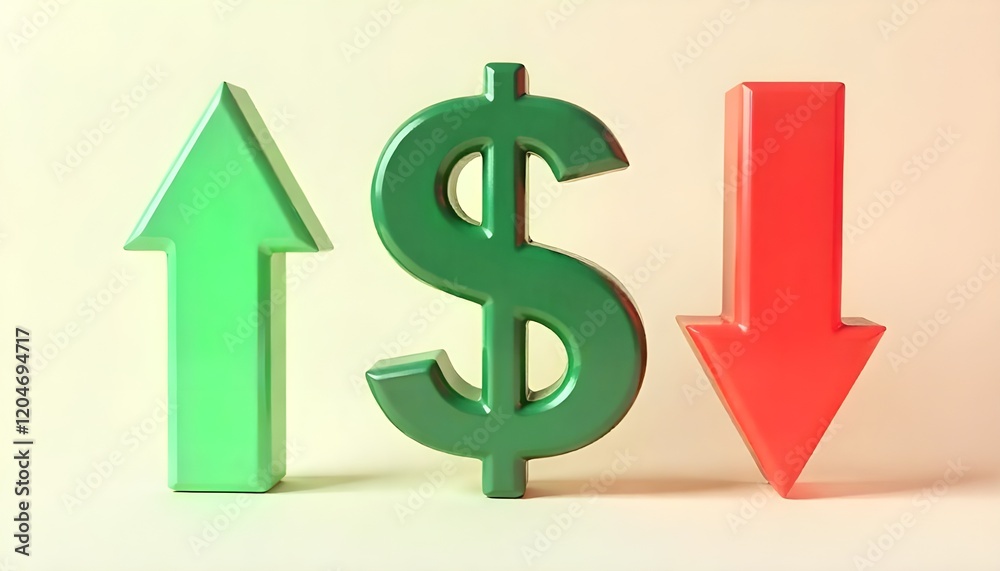 A dollar symbol with green up and red down arrows, representing Fed rate adjustments to manage inflation A dollar symbol with green up and red down arrows, representing Fed rate adjustments to manage inflation