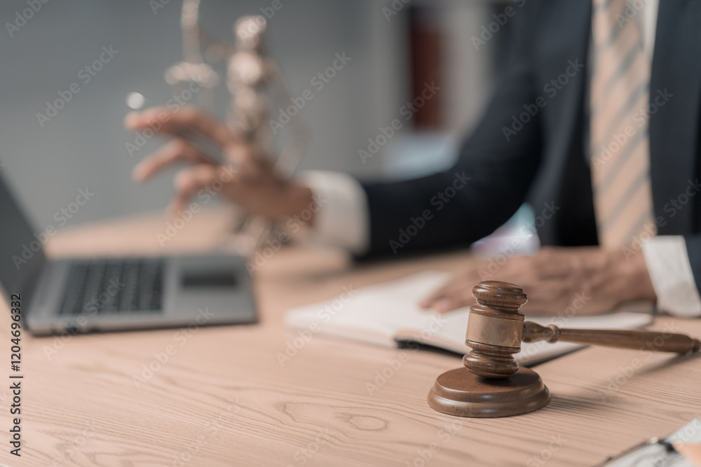 Lawyers working with documents Law, advice and justice concept, lawyer in suit signing legal document at table with justice scale, close-up Lawyers working with documents Law, advice and justice concept, lawyer in suit signing legal document at table with justice scale, close-up