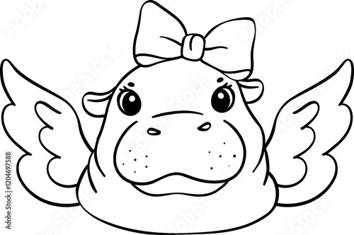 Adorable Valentine Cupid Pygmy Hippo with angle wings Coloring image