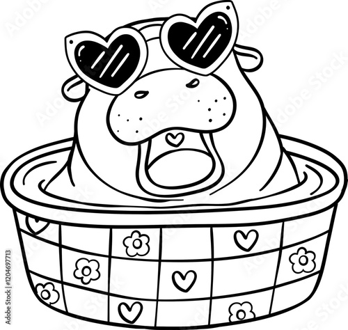 Groovy Valentine Pygmy Hippo in bathtub Coloring image