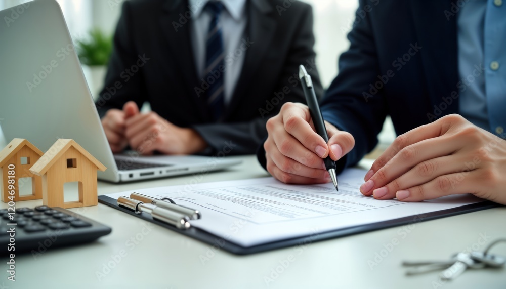 Fototapeta premium Real estate agents discuss home purchase with clients. People sign documents. Formal business meeting. Potential new homebuyers review important legal paperwork. Transaction for property acquisition.