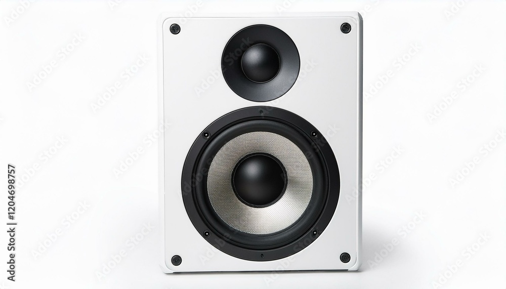 Sleek white speaker with black drivers. High-fidelity audio. Sleek white speaker with black drivers. High-fidelity audio.