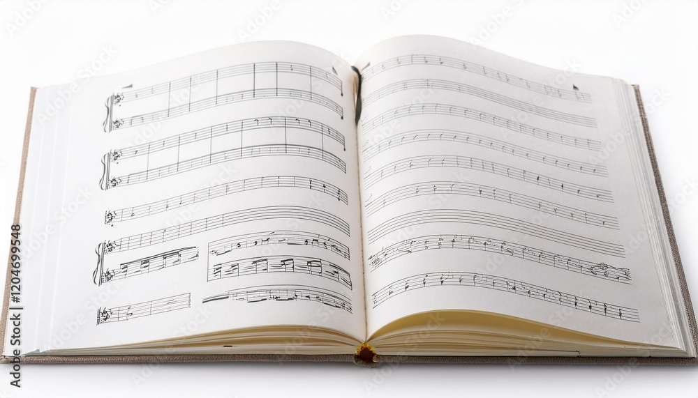 Open music book displaying musical notation. Open music book displaying musical notation.