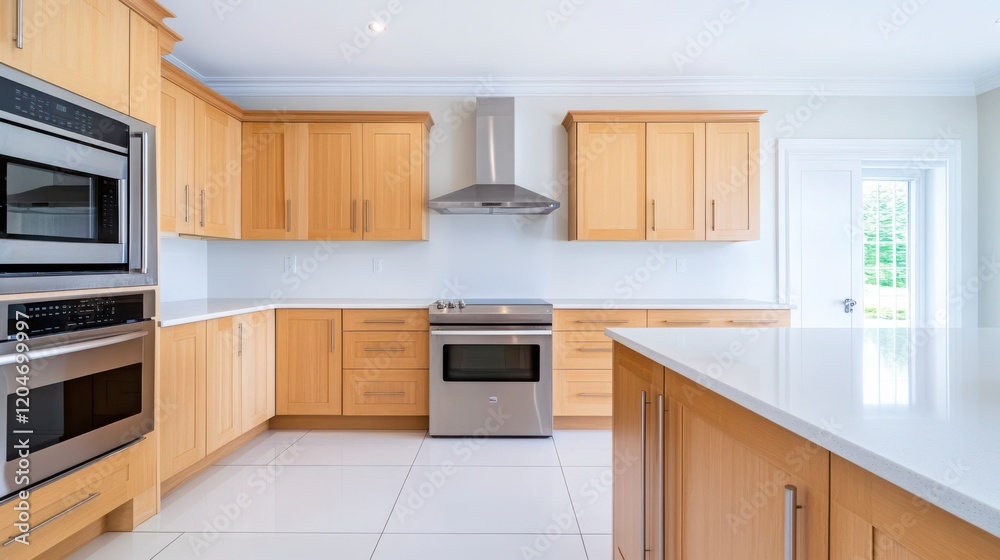Modern Kitchen with Wooden Cabinets and Stainless Steel Appliances Modern Kitchen with Wooden Cabinets and Stainless Steel Appliances