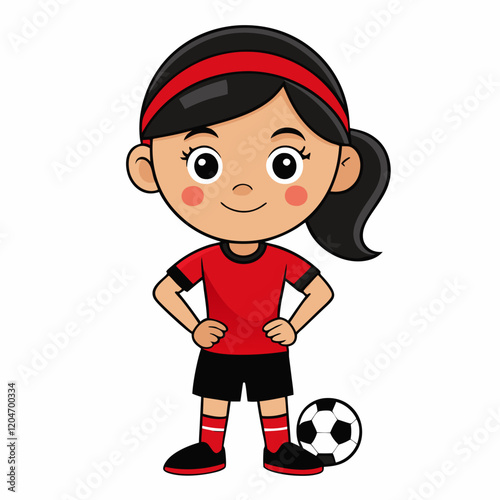 Cute Cartoon Soccer Player Girl in Confident Pose with Soccer Ball