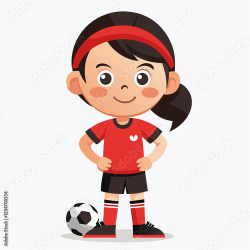 Cute Cartoon Soccer Player Girl in Confident Pose with Soccer Ball