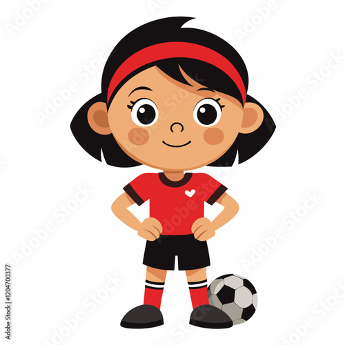 Cute Cartoon Soccer Player Girl in Confident Pose with Soccer Ball