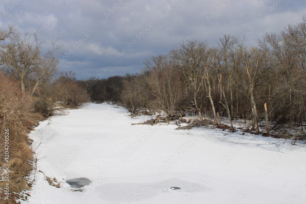 Snow covered frozen Des Plaines River on an overcast day at Camp Ground Road Woods in Des Plaines, Illinois Snow covered frozen Des Plaines River on an overcast day at Camp Ground Road Woods in Des Plaines, Illinois