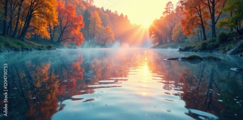 Iridescent colors shimmer on a misty lake surface, light, yellow