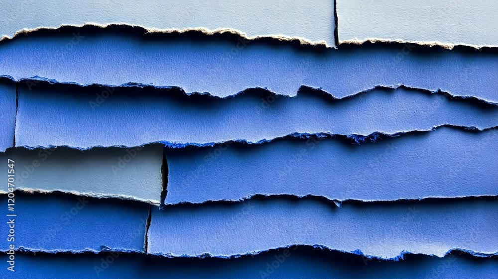 Textured layers of blue paper create a striking visual contrast in an abstract composition