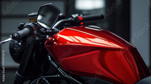 Sleek Red Motorcycle Close-Up: A Showcase of Design and Engineering photo