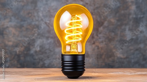 Vintage style light bulb with spiral filament glowing brightly