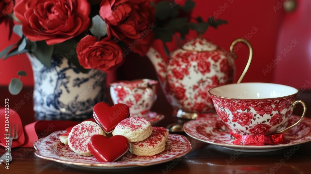 Romantic Valentine's Day tea setup with heart cookies and red roses Romantic Valentine's Day tea setup with heart cookies and red roses