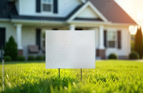 Blank yard sign stands in vibrant green grass in front of white house. Empty sign offers creative space for marketing real estate advertisement. Springtime scene nature, suburban landscape. Ideal for photo