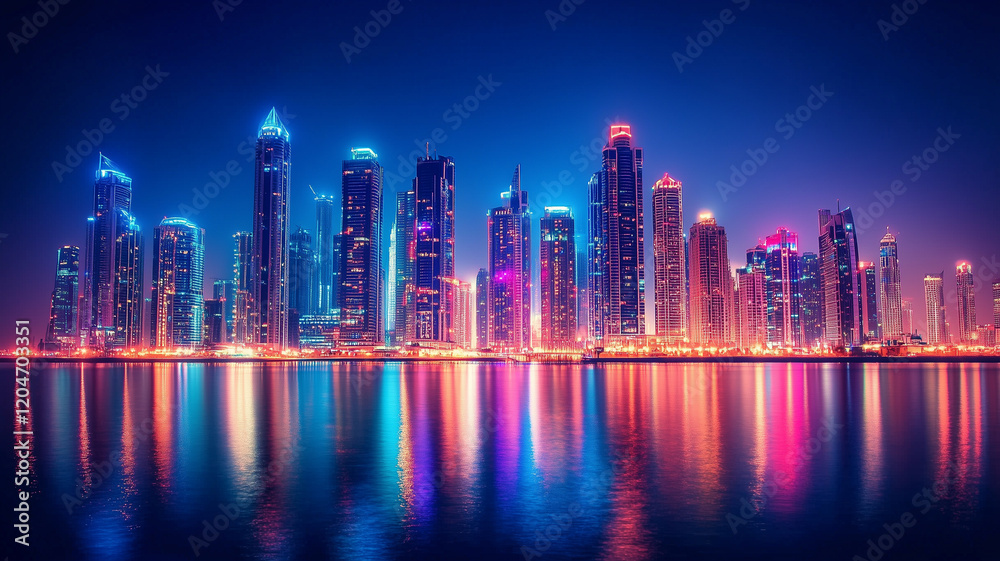 Fototapeta premium modern abstract city skyline at night, where the outlines of buildings are softened and illuminated with colorful neon lights,