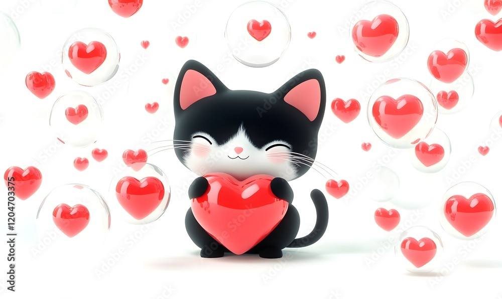 Fototapeta premium Cute cartoon cat holding heart surrounded by floating hearts.