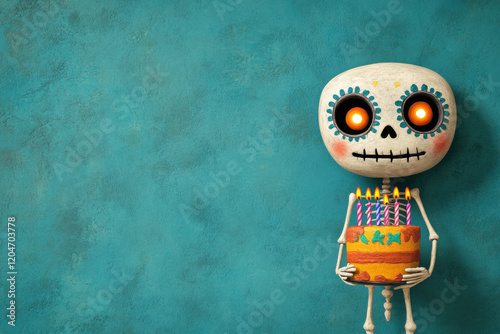 Skeleton Claymation, A colorful claymation skeleton joyfully holding a birthday cake, perfect for festive themes and creative designs in high fidelity. photo