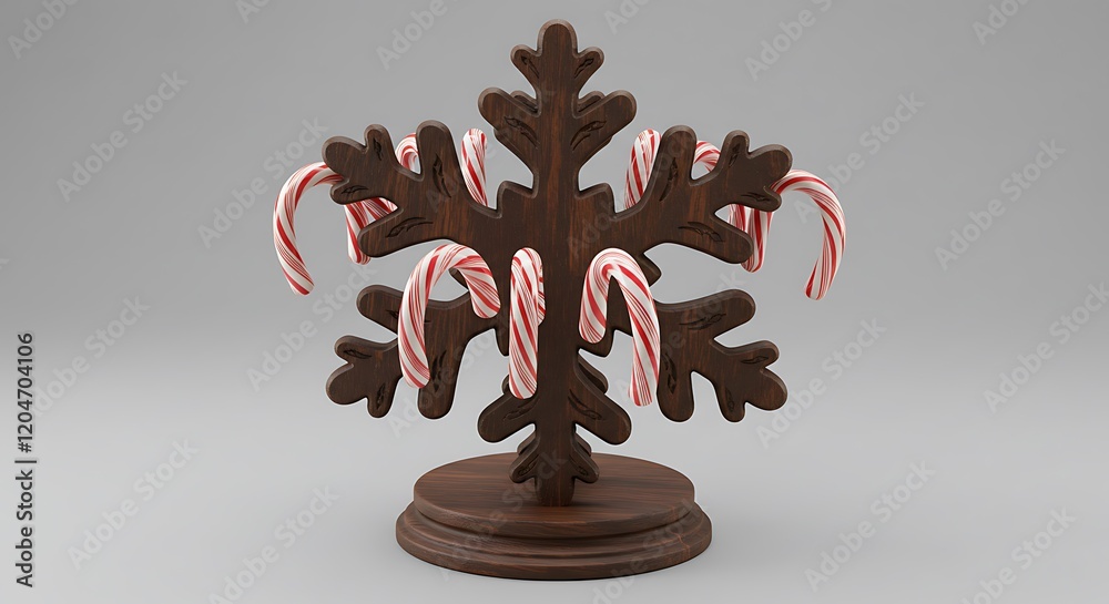 Fototapeta premium Elegant dark wooden snowflake display stand adorned with classic red and white striped candy canes, concept for holiday season marketing, Christmas decoration ideas and festive dessert promotions