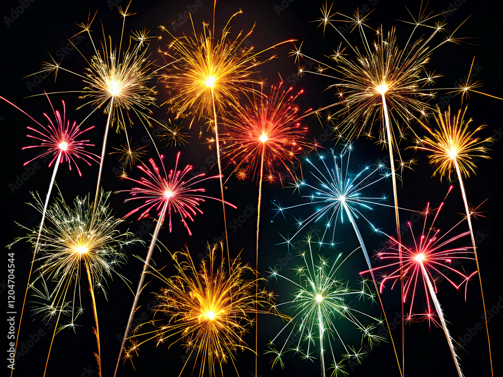 Naklejka premium fireworks in the night sky. fireworks, celebration, firework, night, holiday, fire, explosion, new, pyrotechnics, sky, light, festival, celebrate, year, black, party, abstract, red, july, bright, colo