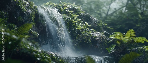 Cascading waterfall surrounded by mossy rocks lush forest nature photography