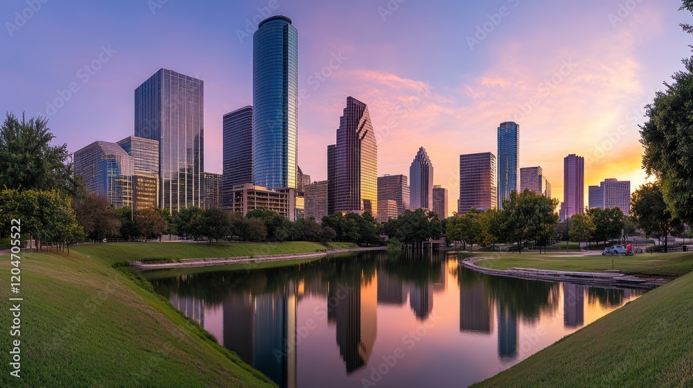 Fototapeta premium Houston Skyline at Sunrise: A Stunning Reflection