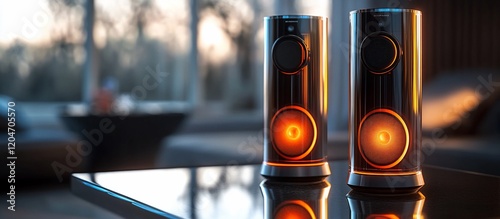 Sleek Modern Speakers: Illuminated Audio System in a Luxurious Living Room