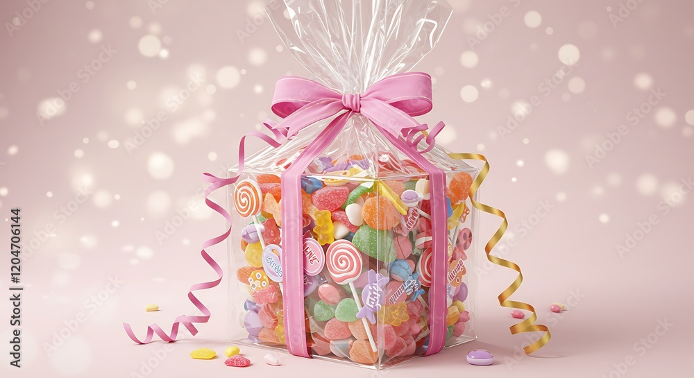 Fototapeta premium Vibrant assorted candies in a festive clear plastic bag, tied with a delicate pink ribbon bow, on a soft pastel pink background with sparkling bokeh, concept for birthday celebrations, sweet treats