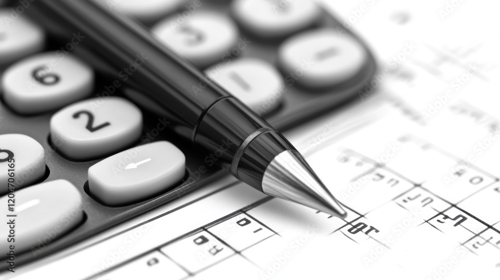 Close-up of calculator, pen, and financial documents. Close-up of calculator, pen, and financial documents.