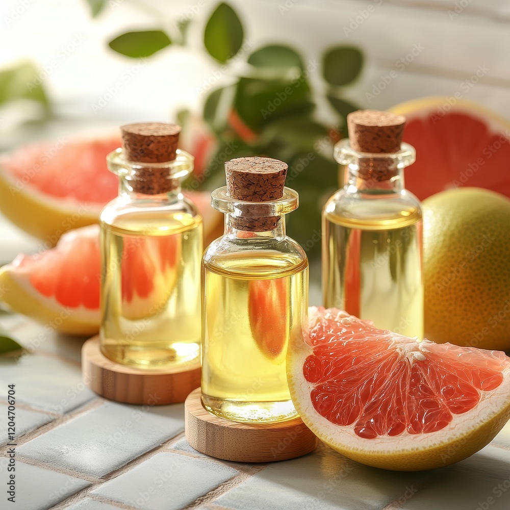 Grapefruit oil in small bottles with grapefruit slices on the background Grapefruit oil in small bottles with grapefruit slices on the background