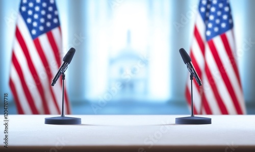 Press conference, US flags, Capitol building backdrop