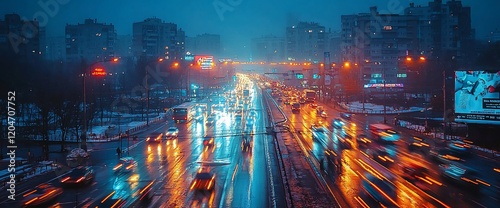 Night city highway traffic in rain.