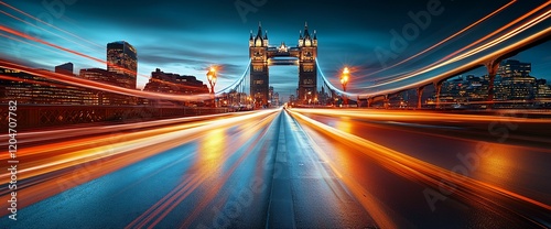 Night cityscape with light trails on a bridge towards Tower Bridge.