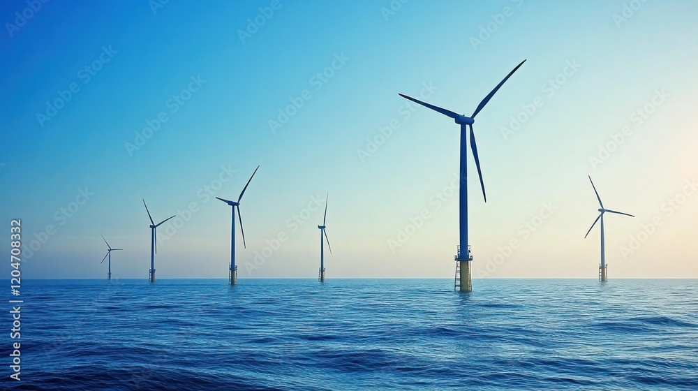 Offshore wind turbines generate clean energy in the ocean at sunset. Offshore wind turbines generate clean energy in the ocean at sunset.