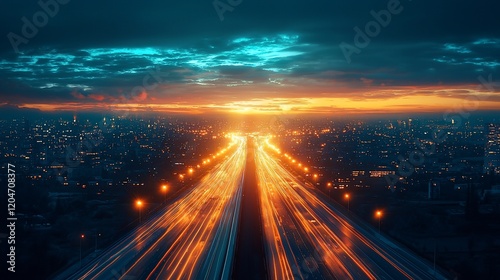 Highway at sunset, city lights streaks.