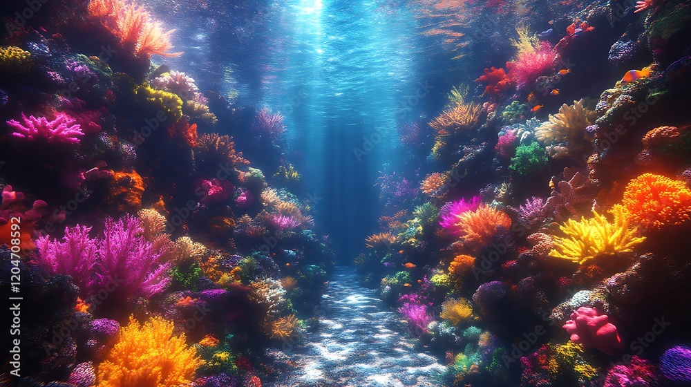 Naklejka premium Vibrant Coral Reef Underwater Scene Illuminates Ocean Life