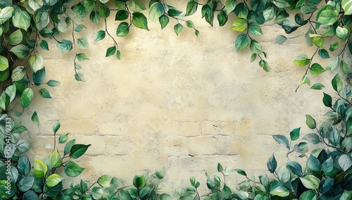 Spring Botanical Watercolor Illustration with Green Leaves and Beige Brick Wall Background Decorative Frame