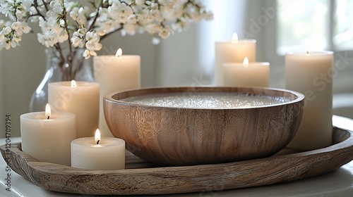 Relaxing spa scene with candles and wooden bowl.