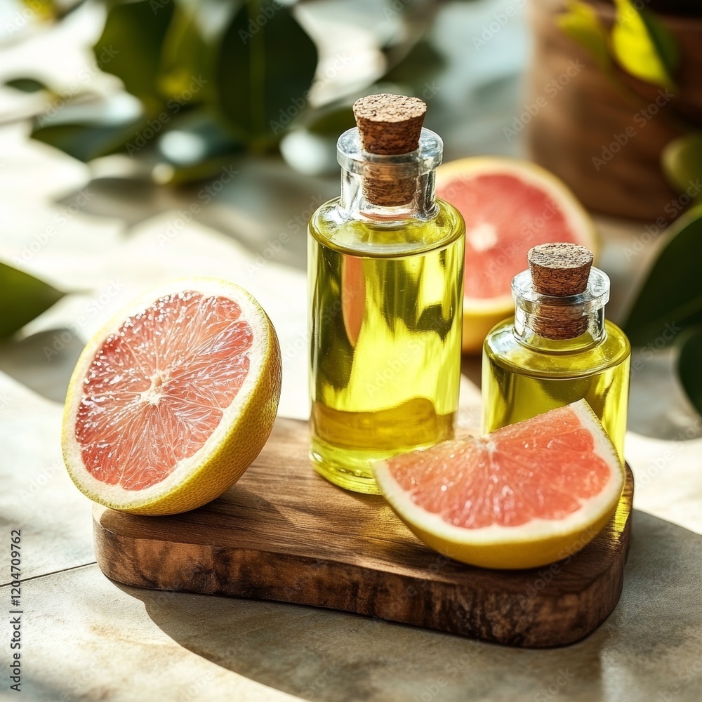 Grapefruit oil in small glass bottles with fresh grapefruit slices Grapefruit oil in small glass bottles with fresh grapefruit slices