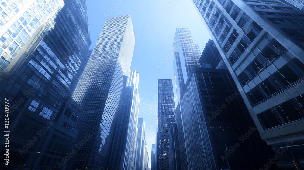 Obraz premium sky over a busy downtown district, tall office buildings and residential towers,